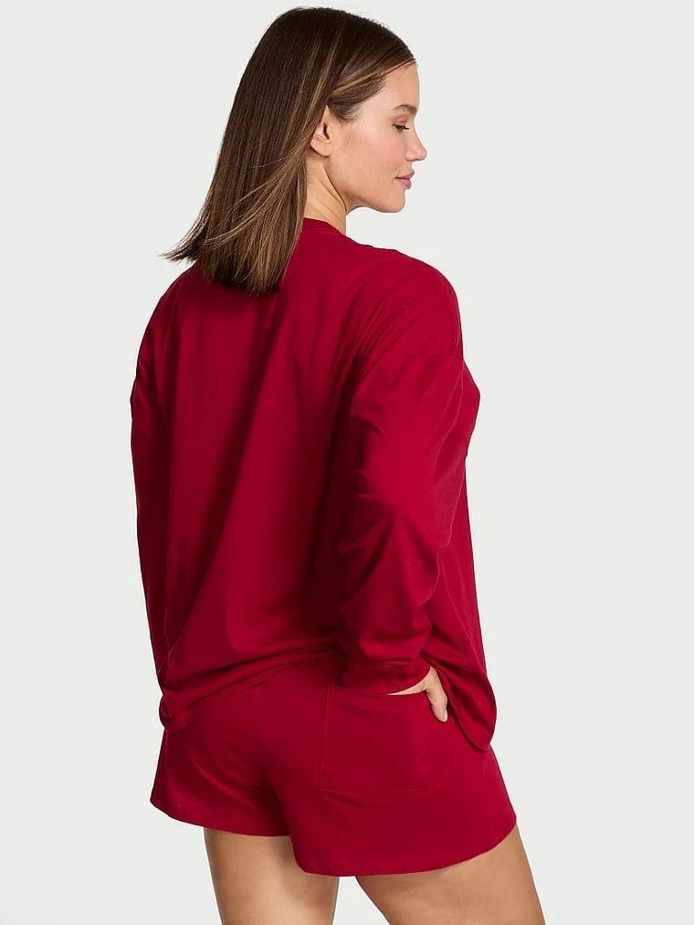 100 Pamuklu Işıltılı Detayli Uzun Kollu Sortlu Pijama Takimi arka görünümü