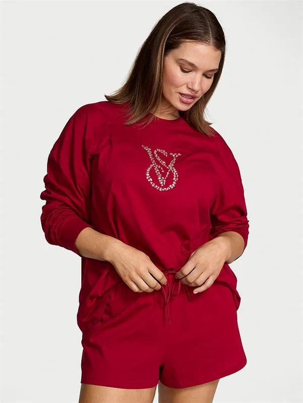 100 Pamuklu Işıltılı Detayli Uzun Kollu Sortlu Pijama Takimi