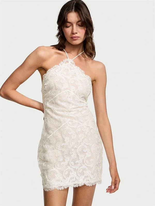 Boho Cicek Islemeli Halter Yaka Elbise