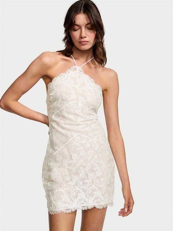 Boho Cicek Islemeli Halter Yaka Elbise