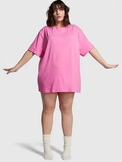 Pink Pamuklu Oversize Uyku Tisortu