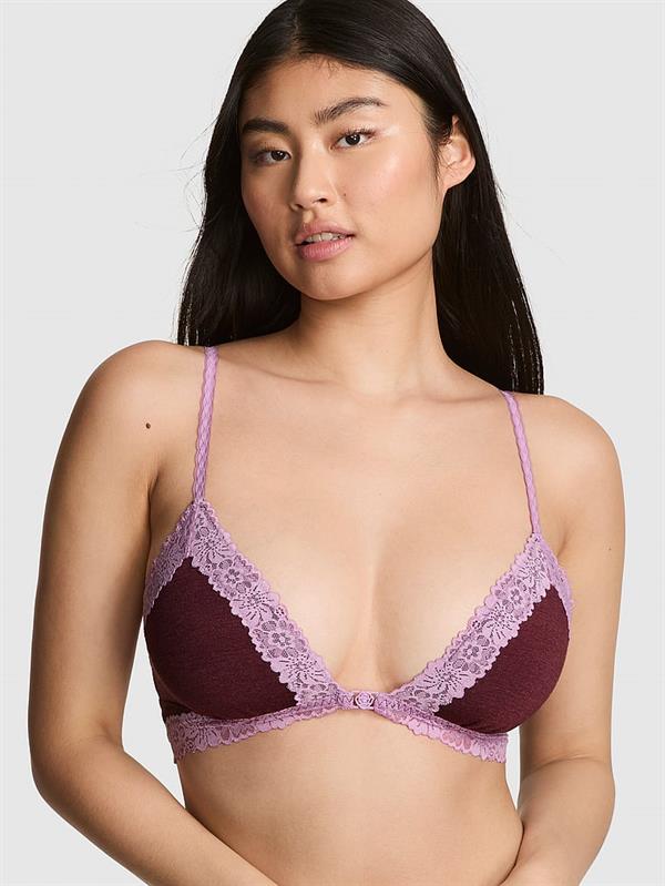Pink Pamuklu Dantel Kenarli Önden Kapanan Ucgen Bralet