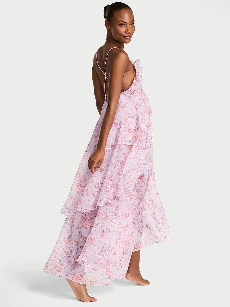 Vintage Blossom Sifon Volanli Uzun Elbise arka görünümü