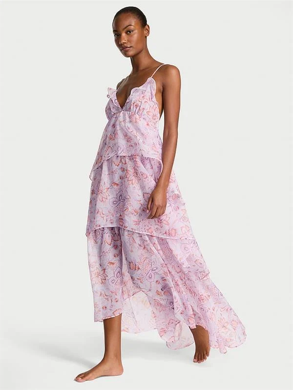 Vintage Blossom Sifon Volanli Uzun Elbise