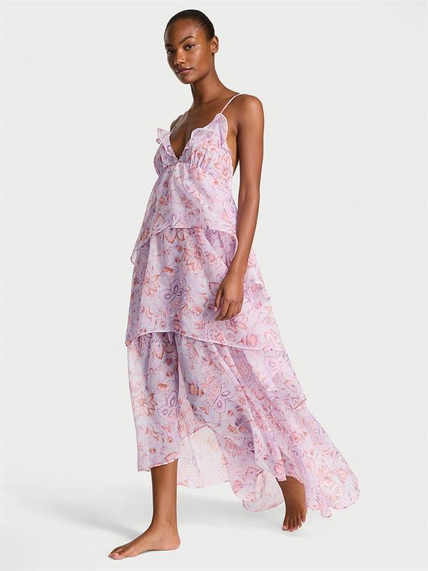 Vintage Blossom Sifon Volanli Uzun Elbise