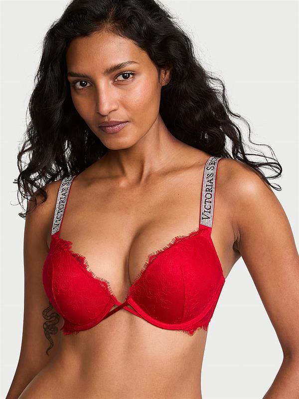 Bombshell Iki Beden Buyuk Gosteren Işıltılı Askili Dantelli Push Up Sütyen