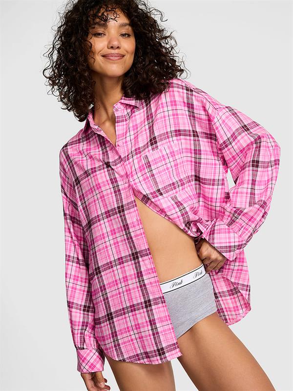 Pink Flanel Boyfriend Uyku Gomlegi ön görünüm