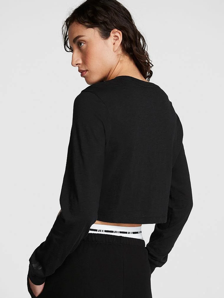 Pink Premium Pamuklu Crop Uzun Kollu Tisort arka görünüm