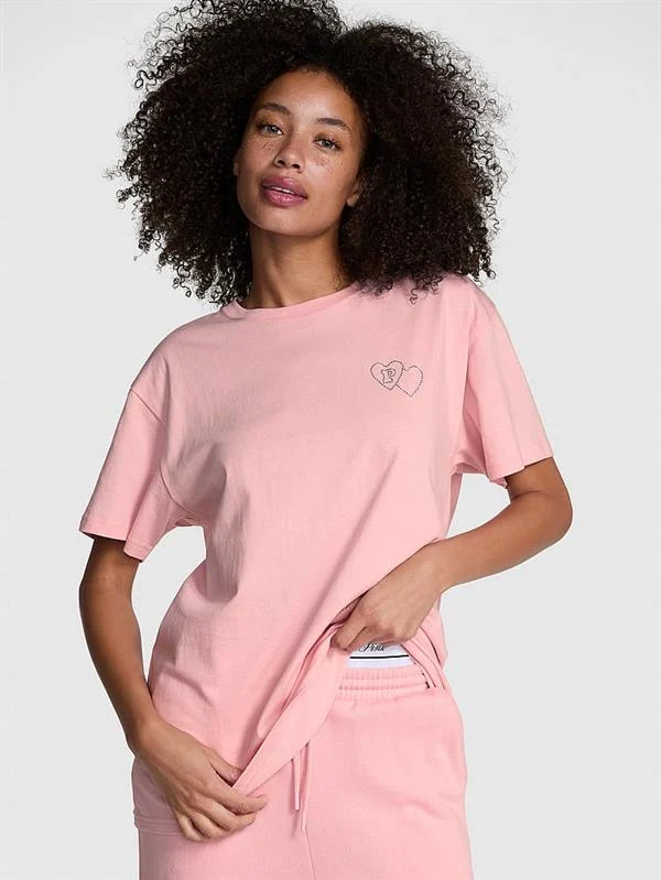 Pink Oversize Kısa Kollu Kampus Tisort