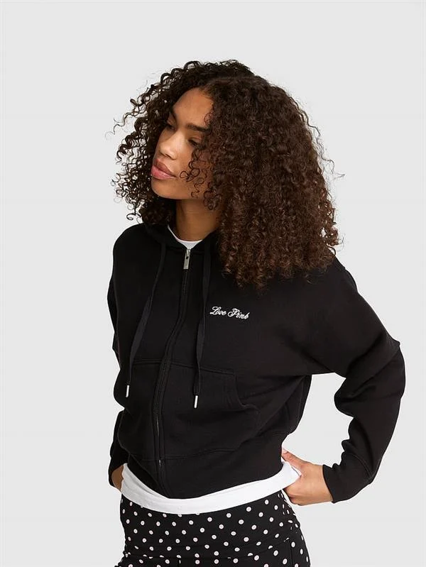 Pink Dar Kesim Fermuarli Kapusonlu Sweatshirt
