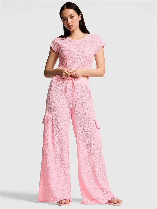 Pink Cicek Desenli Krose Plaj Pantolonu ön görünüm
