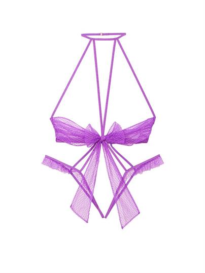 Fiyonklu File Acik Kap Crotchless Tulum