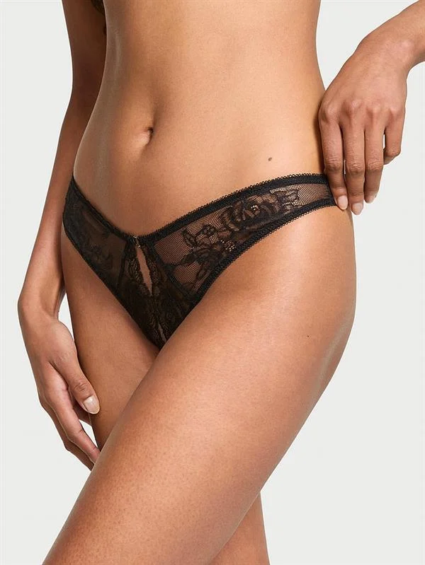 Gul Dantelli Derin Bacak Kesim Crotchless Tanga ön görünüm