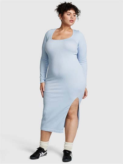 Pink Chloe X Halle Seamless Ribanali Uzun Kollu Midi Elbise