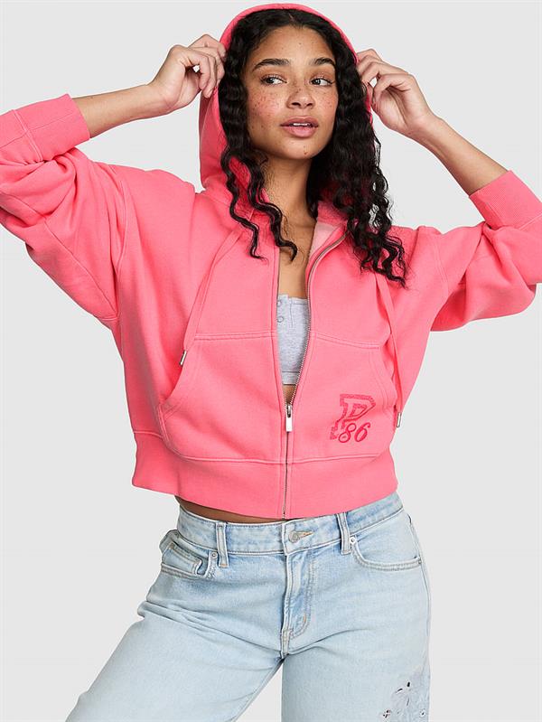 Pink Dar Kesim Fermuarli Kapusonlu Sweatshirt