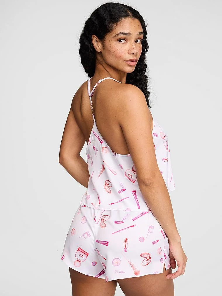 Pink Grwpink Saten Askili Bluz Ve Sort Pijama Takimi arka görünüm