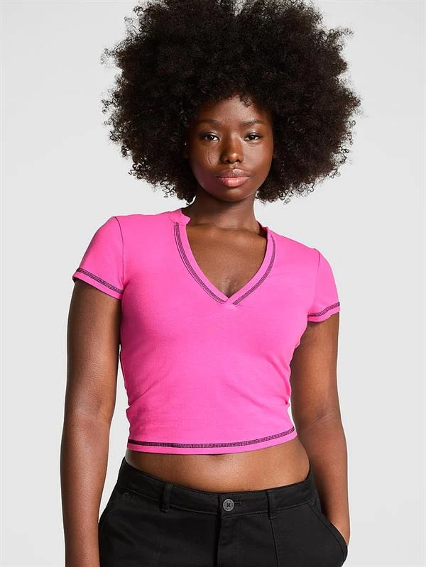 Pink All Day Cotton Plunge Cropped Top