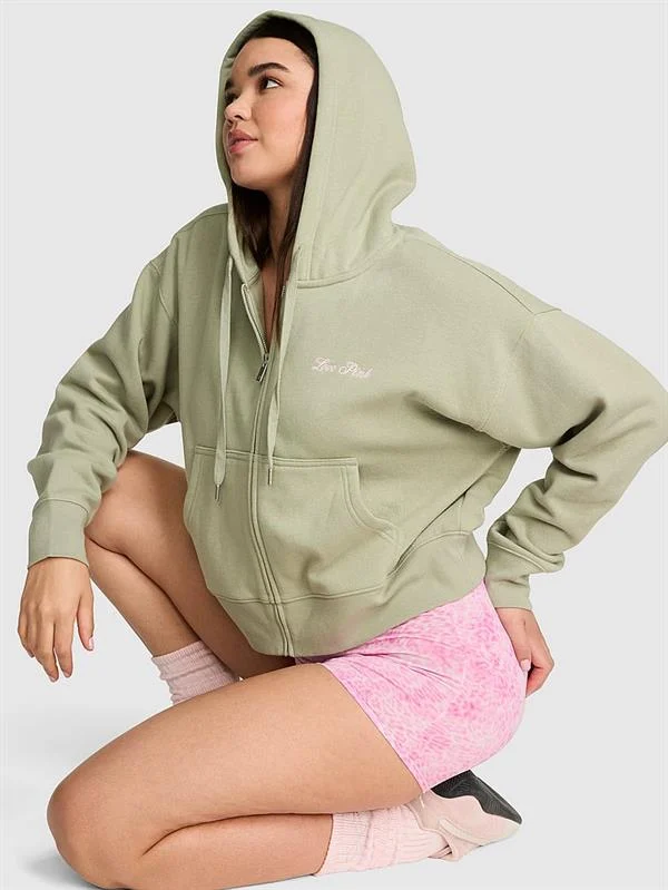 Pink Dar Kesim Fermuarli Kapusonlu Sweatshirt ön görünüm