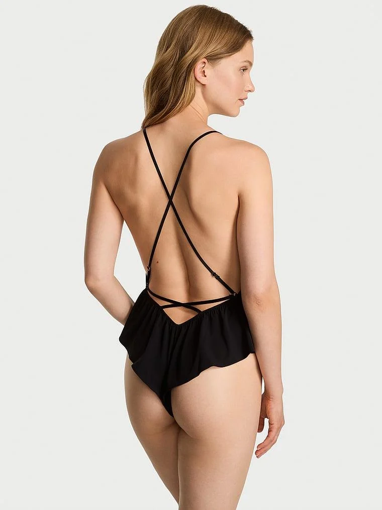 Sifon Fırfırlı Dekolteli Tulum arka görünüm