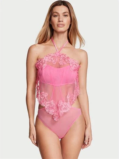 Transparan Boho Cicek Islemeli Boyundan Baglamali Teddy ön görünüm