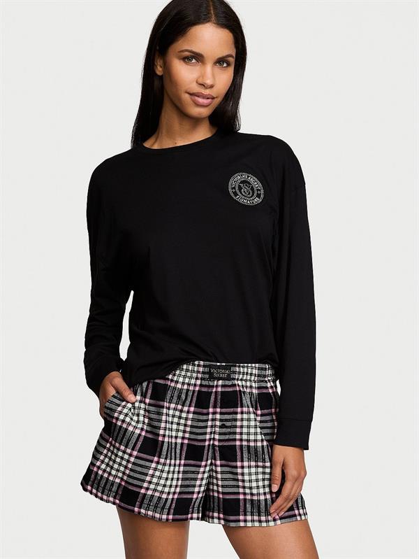 Uzun Kollu Tisort Sort Flannel Pijama Takimi