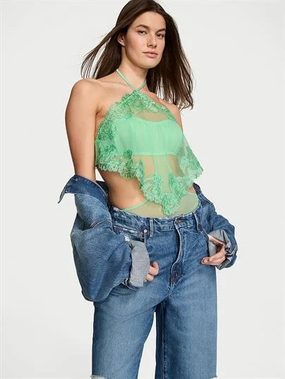 Transparan Boho Cicek Islemeli Boyundan Baglamali Teddy