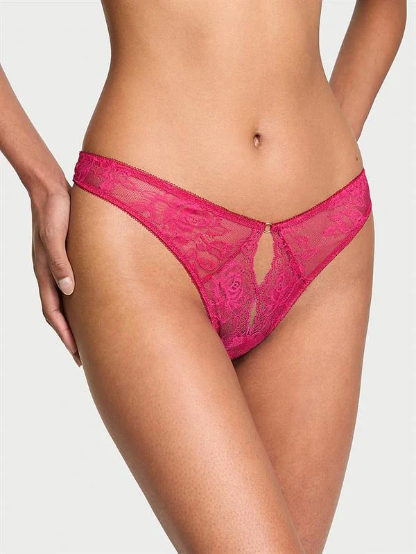 Gul Dantelli Derin Bacak Kesim Crotchless Tanga ön görünüm