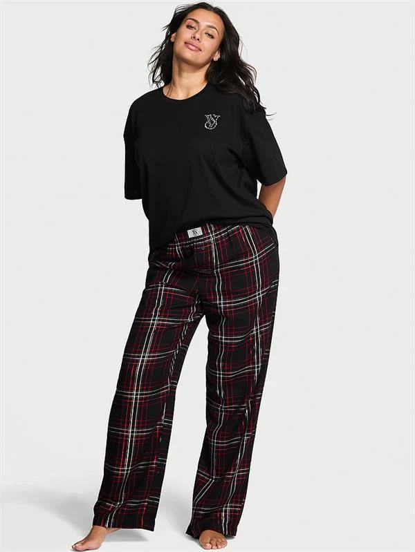 Kısa Kollu Tisort Flannel Pijama Takimi