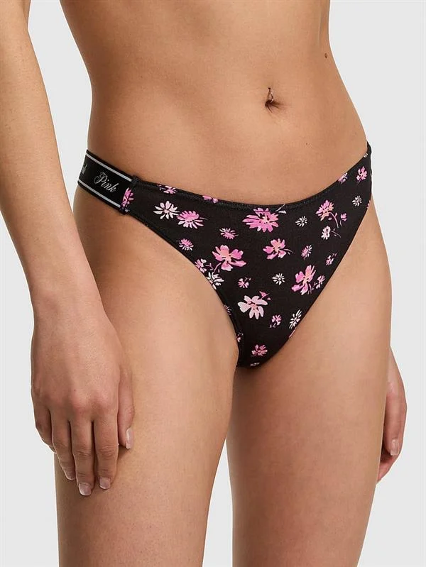 Pink Logolu Pamuklu Derin Bacak Kesim Tanga