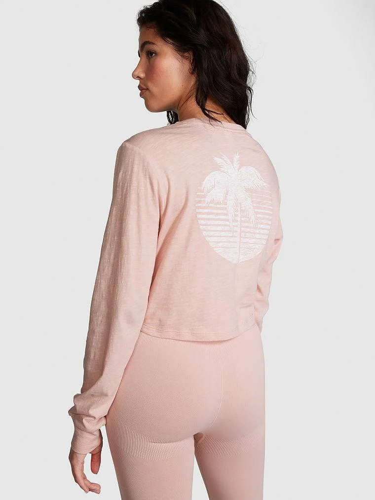 Pink Premium Pamuklu Crop Uzun Kollu Tisort arka görünüm