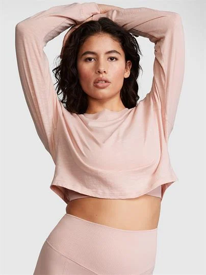 Pink Premium Pamuklu Crop Uzun Kollu Tisort ön görünüm