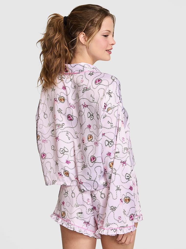 Pink Grwpink Saten Uzun Kollu Ve Sortlu Pijama Takimi arka görünüm
