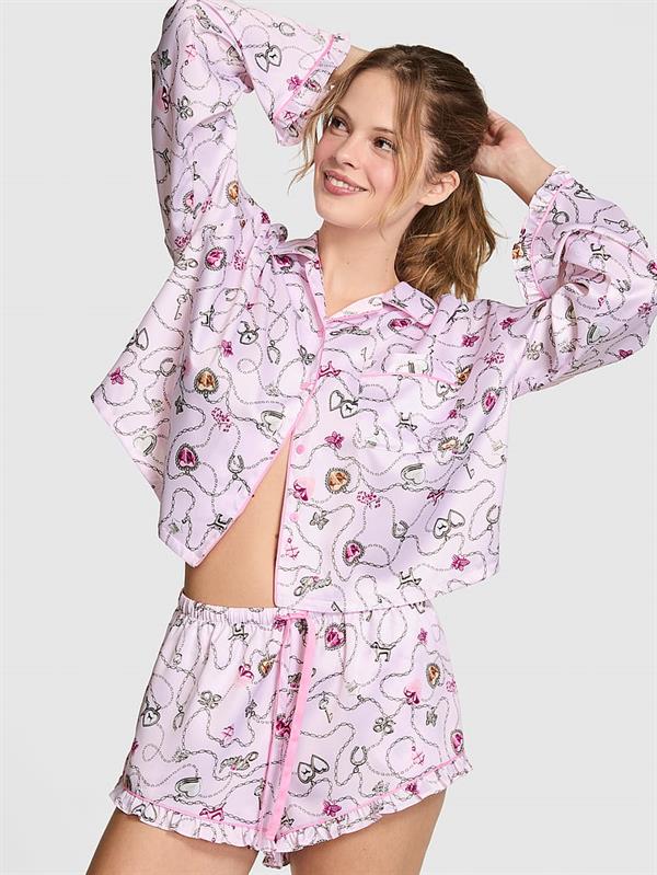 Pink Grwpink Saten Uzun Kollu Ve Sortlu Pijama Takimi
