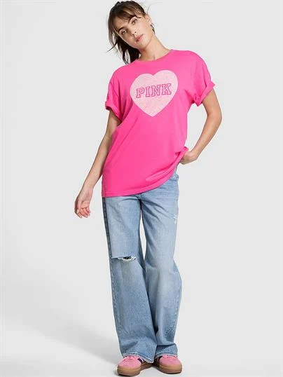 Pink Oversize Kısa Kollu Kampus Tisort ön görünüm