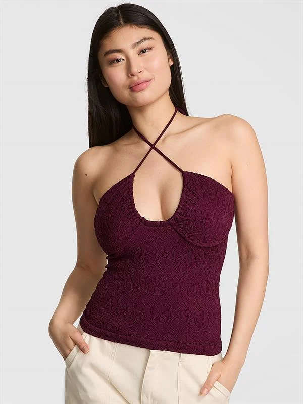Pink Cicek Desenli Jakarli Halter Bluz ön görünüm