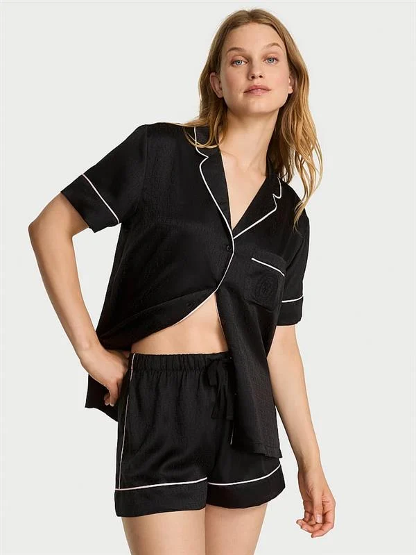 Glazed Saten Sortlu Pijama Takimi ön görünüm