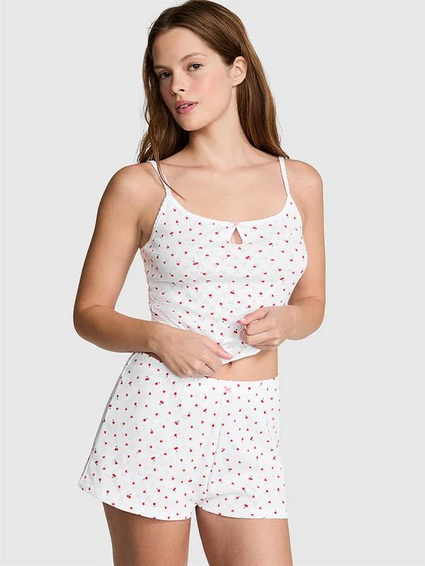 Pink Pamuklu Heart Pointelle Pijama Sortu ön görünüm