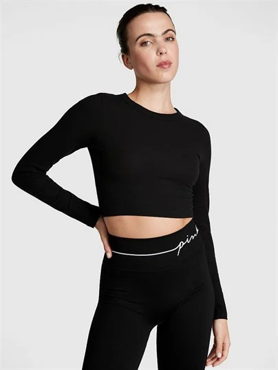 Pink Fitilli Uzun Kollu Crop ön görünüm
