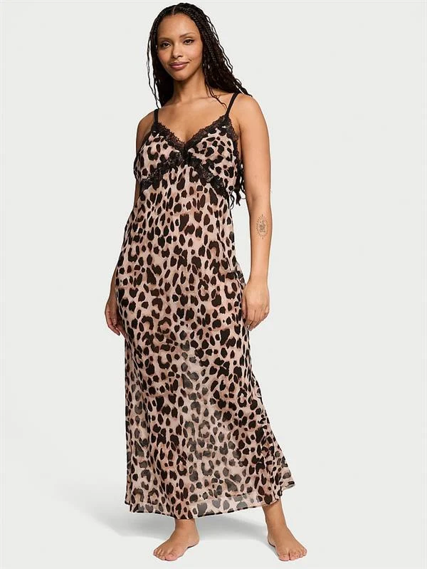 Leoparli Sifon Uzun Gecelik ön görünüm