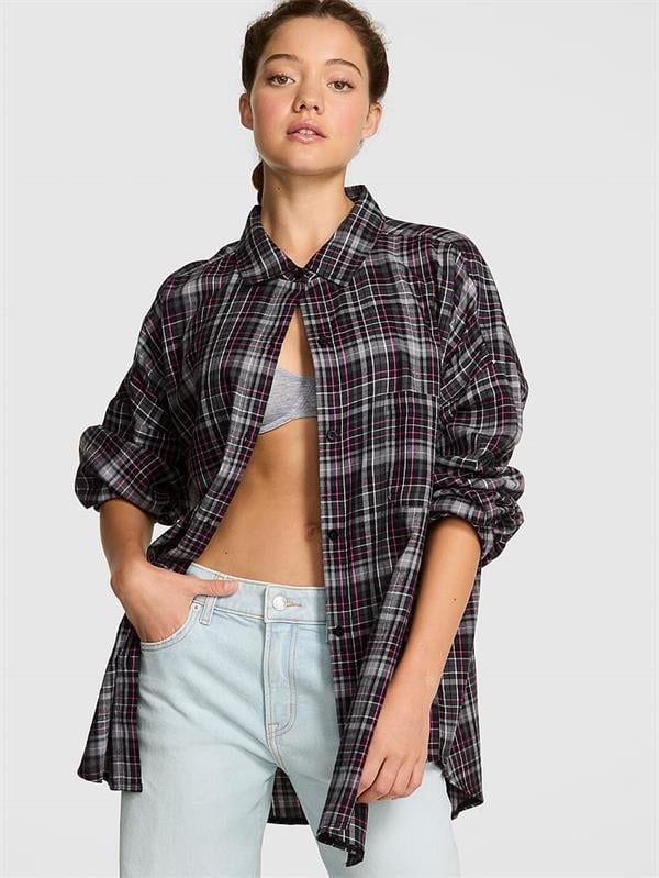 Pink Flanel Boyfriend Uyku Gomlegi ön görünüm