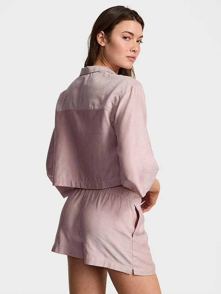 Uzun Kollu Tek Dugmeli Gomlek Ve Sortlu Pijama Takimi arka görünüm