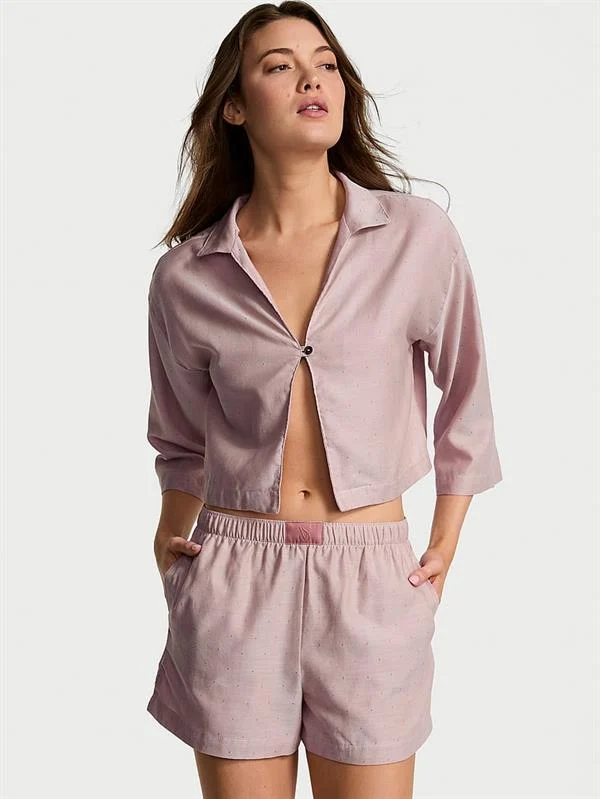 Uzun Kollu Tek Dugmeli Gomlek Ve Sortlu Pijama Takimi