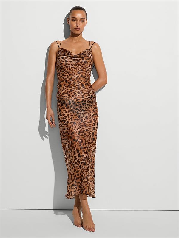 Leoparli Sifon Dokumlu Maxi Askili Elbise