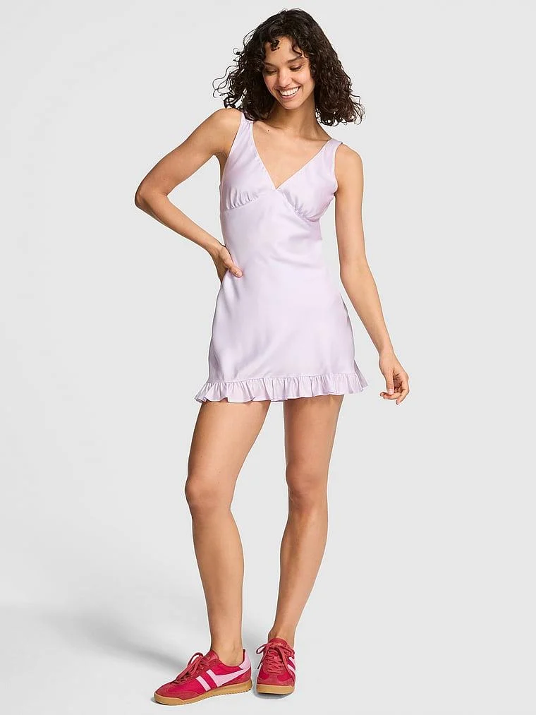 Pink Summer Fling Saten Fırfırlı Elbise arka görünüm