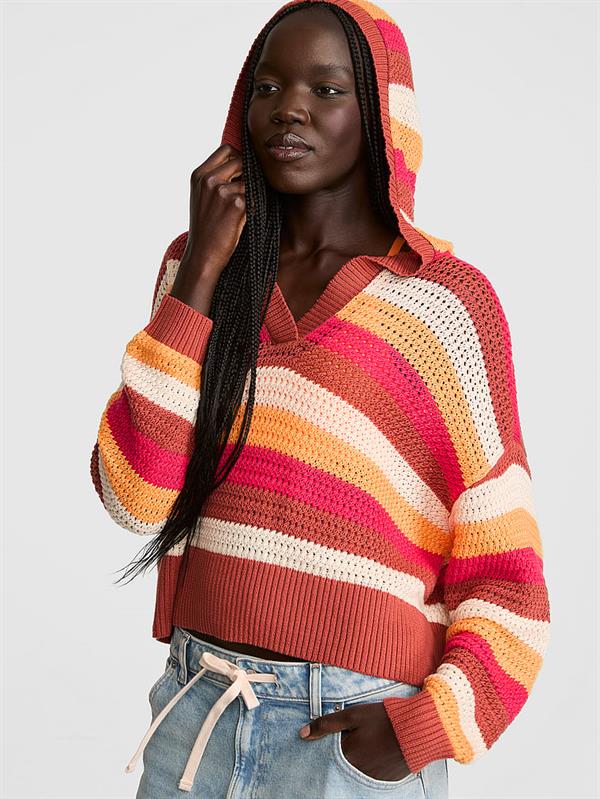 Pink Krose Detayli V Yaka Kapusonlu Sweatshirt ön görünüm