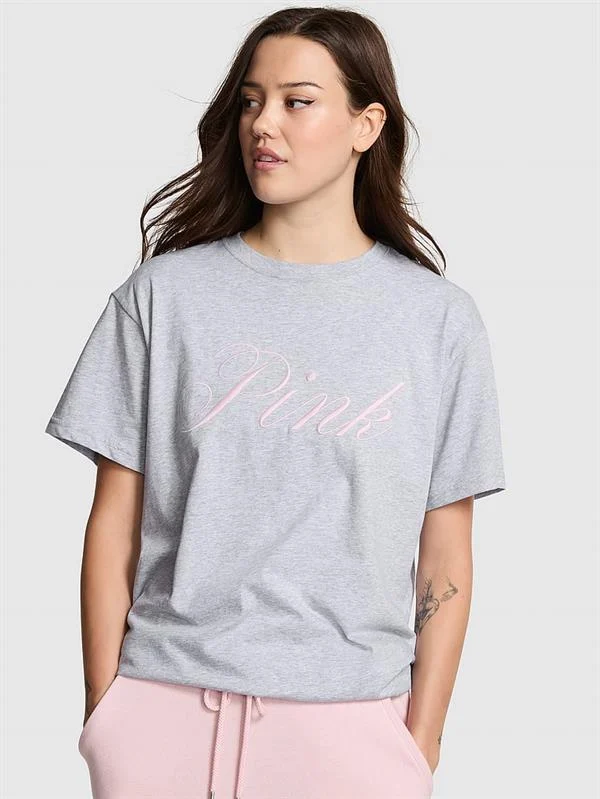 Pink Oversize Kısa Kollu Kampus Tisort ön görünüm