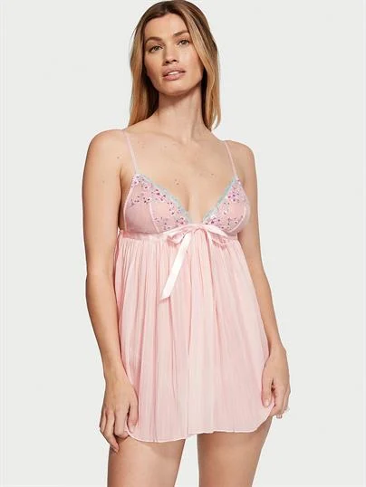 Kiraz Cicegi Islemeli Pileli Babydoll Seti