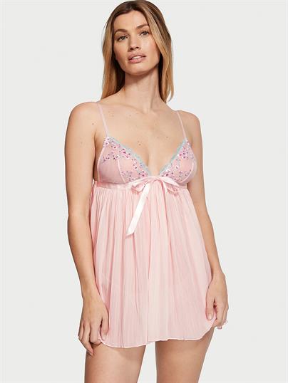 Kiraz Cicegi Islemeli Pileli Babydoll Seti