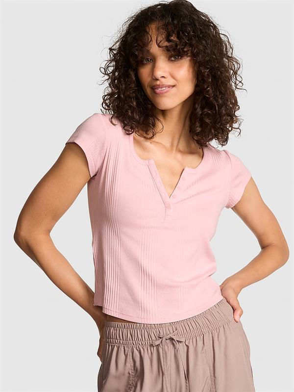 Pink Ribanali Henley Tisort ön görünüm