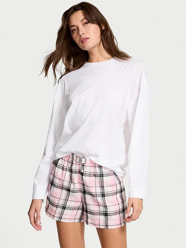Uzun Kollu Tisort Sort Flannel Pijama Takimi ön görünüm